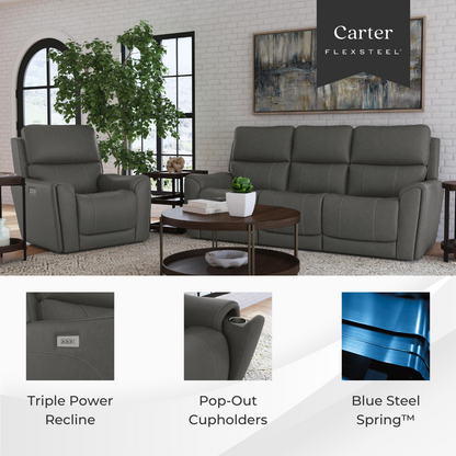 Flexsteel Carter Triple Power Reclining Sofa – Smoke Gray