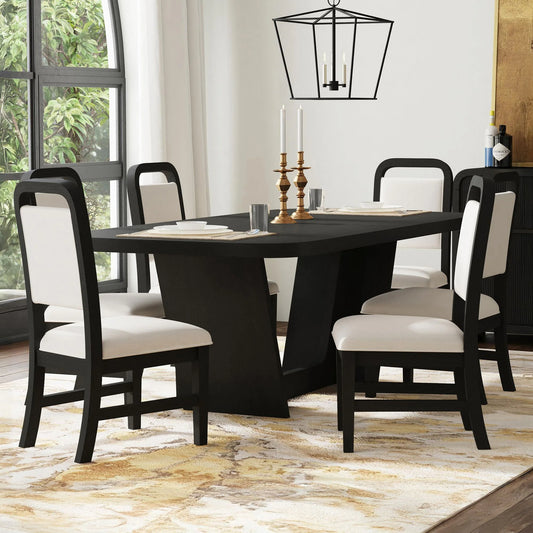 Ridgemont - 7 Piece Standard Height Dining Set (Table And Six White Fabric Chairs) - Black With Grain