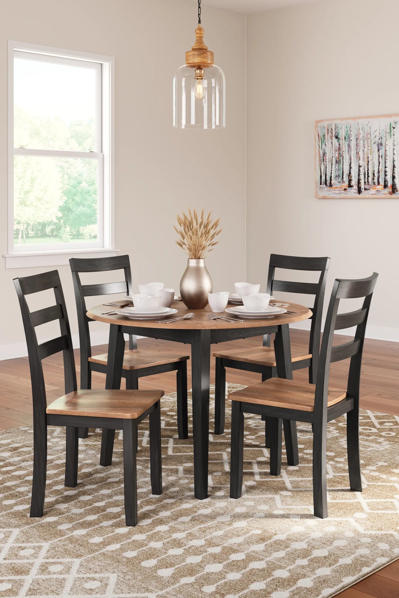 Gesthaven - Natural / Brown - 5 Pc. - Round Dining Room Drop Leaf Table, 4 Side Chairs