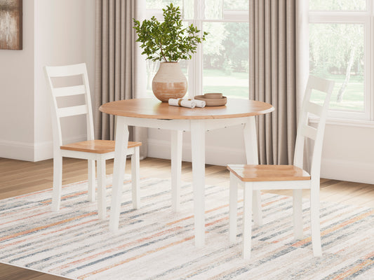Gesthaven - Natural / White - 3 Pc. - Round Dining Room Drop Leaf Table, 2 Side Chairs
