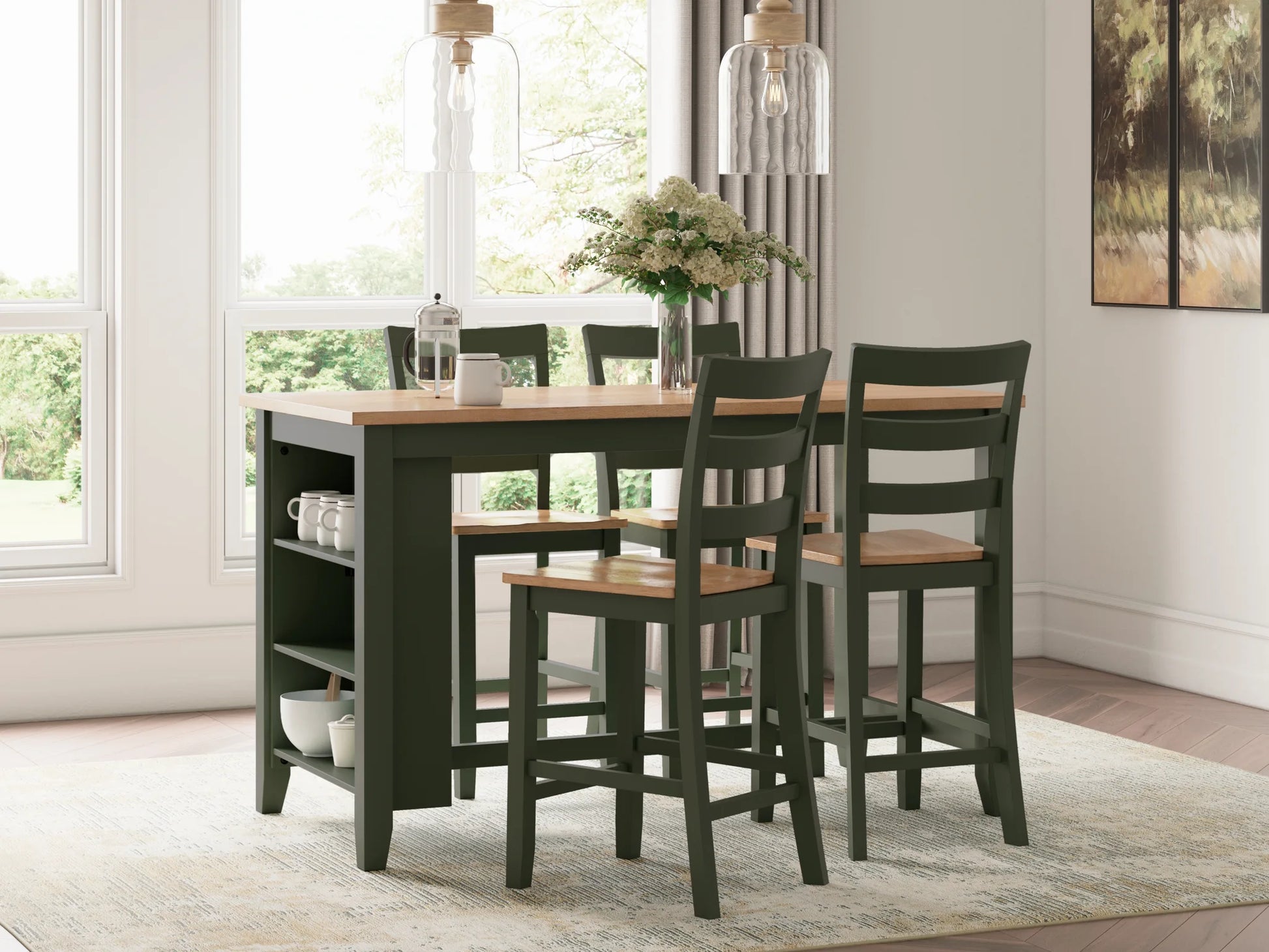 Gesthaven - Natural / Green - 5 Pc. - Rectangular Dining Room Counter Table, 4 Barstools