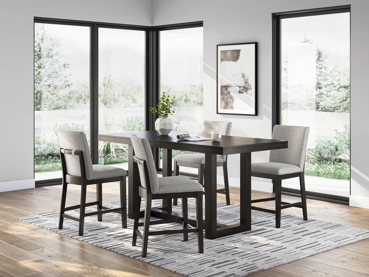Neymorton - Dark Grayish Brown - 5 Pc. - Rectangular Dining Room Counter Table, 4 Barstools