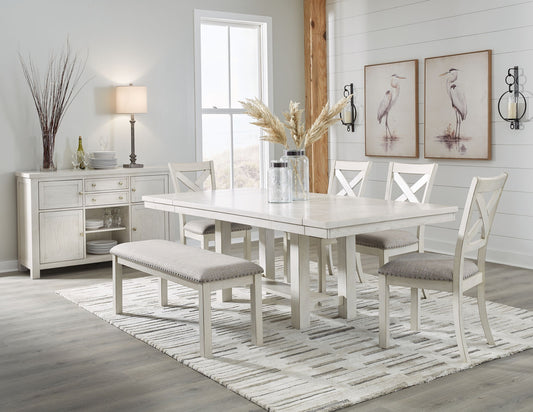 Robbinsdale - Antique White - 7 Pc. - Rectangular Dining Room Extension Table, 4 Upholstered Side Chairs, Bench, Server