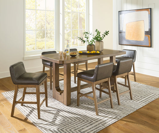 Cabalynn - Light Brown - 7 Pc. - Rectangular Dining Room Counter Table, 6 Upholstered Barstools