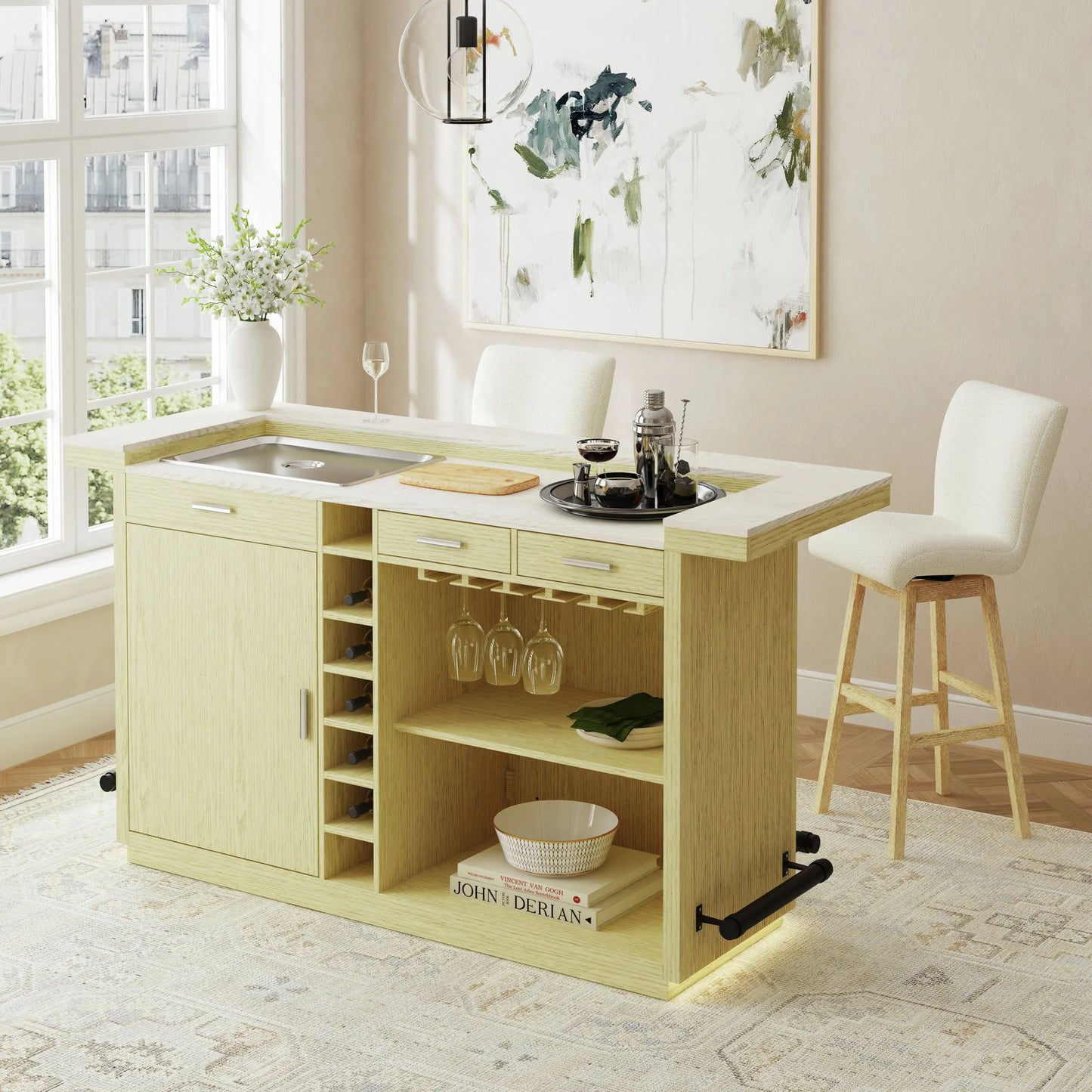 Cambrie - Upholstered Swivel Bar Stool With Boucle (Set of 2) - Beige / Natural