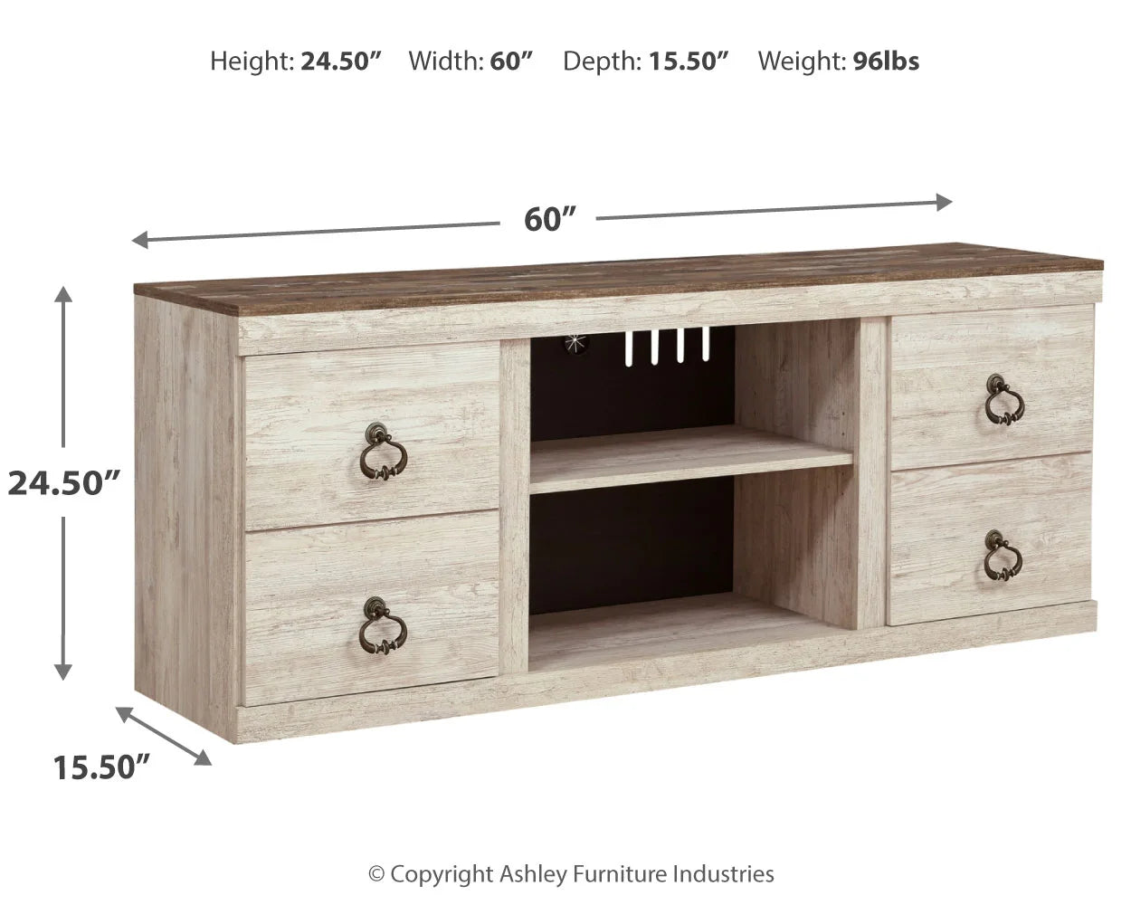 Willowton - Brown Light - TV Stand W/Fireplace Option - 60" X 14.8" X 24.33"