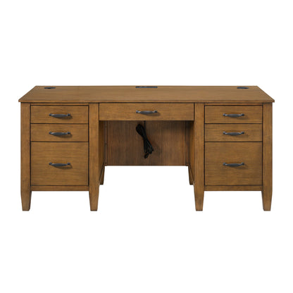 Portico - Double Pedestal Desk With Power / USB - Brown Oak