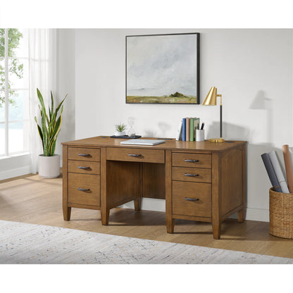 Portico - Double Pedestal Desk With Power / USB - Brown Oak