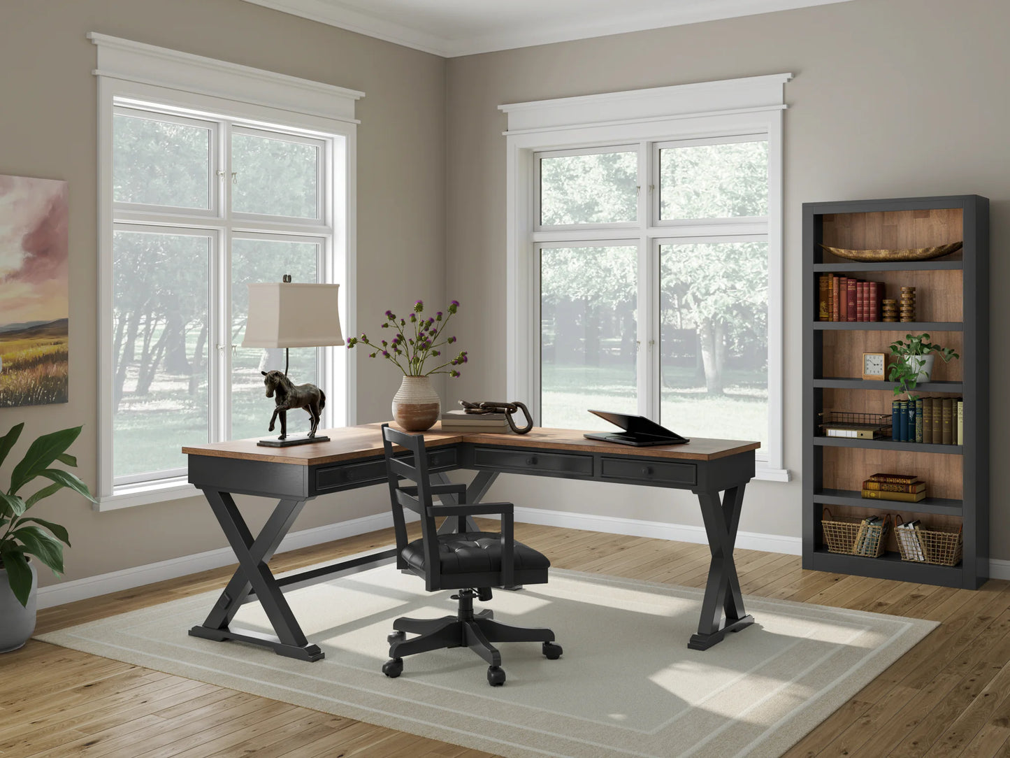Wildenauer - Brown / Black - 4 Pc. - Home Office Desk And Return, Swivel Desk Chair, Bookcase