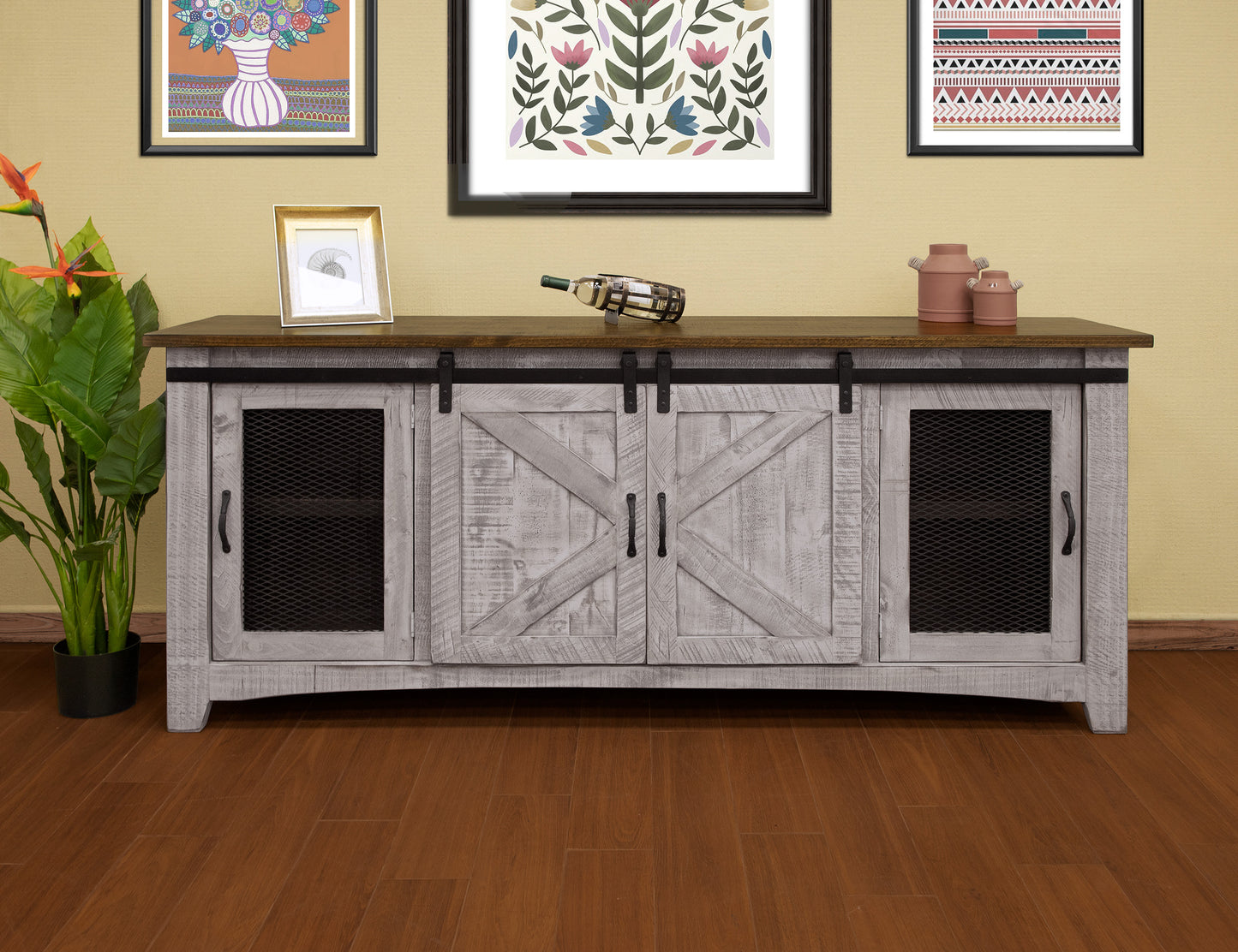 Pueblo Gray - 80" TV Stand / Console - Light Gray / Brown