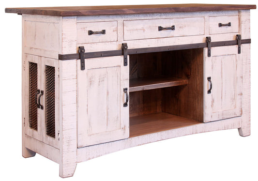 Pueblo White - Kitchen Island With 3 Drawer / 2 Sliding Doors / 2 Mesh Doors - Antiqued White / Brown