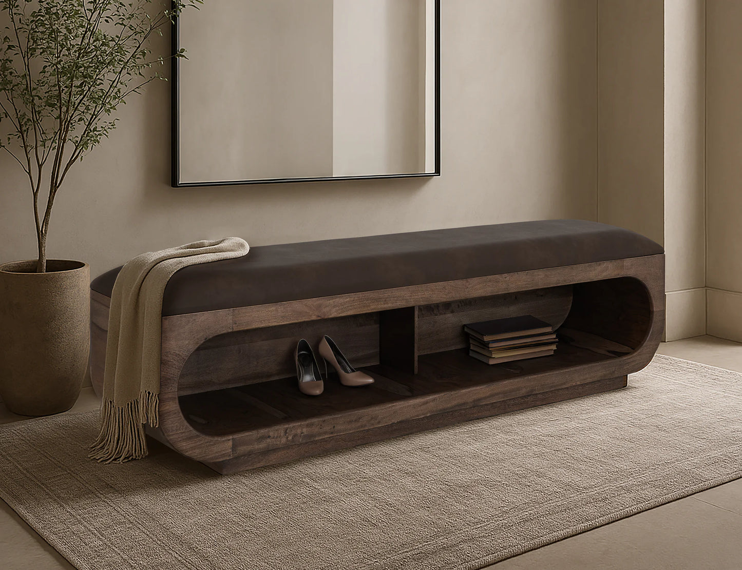 Balam - Wooden Bench With A Cushioned Seat - Brown