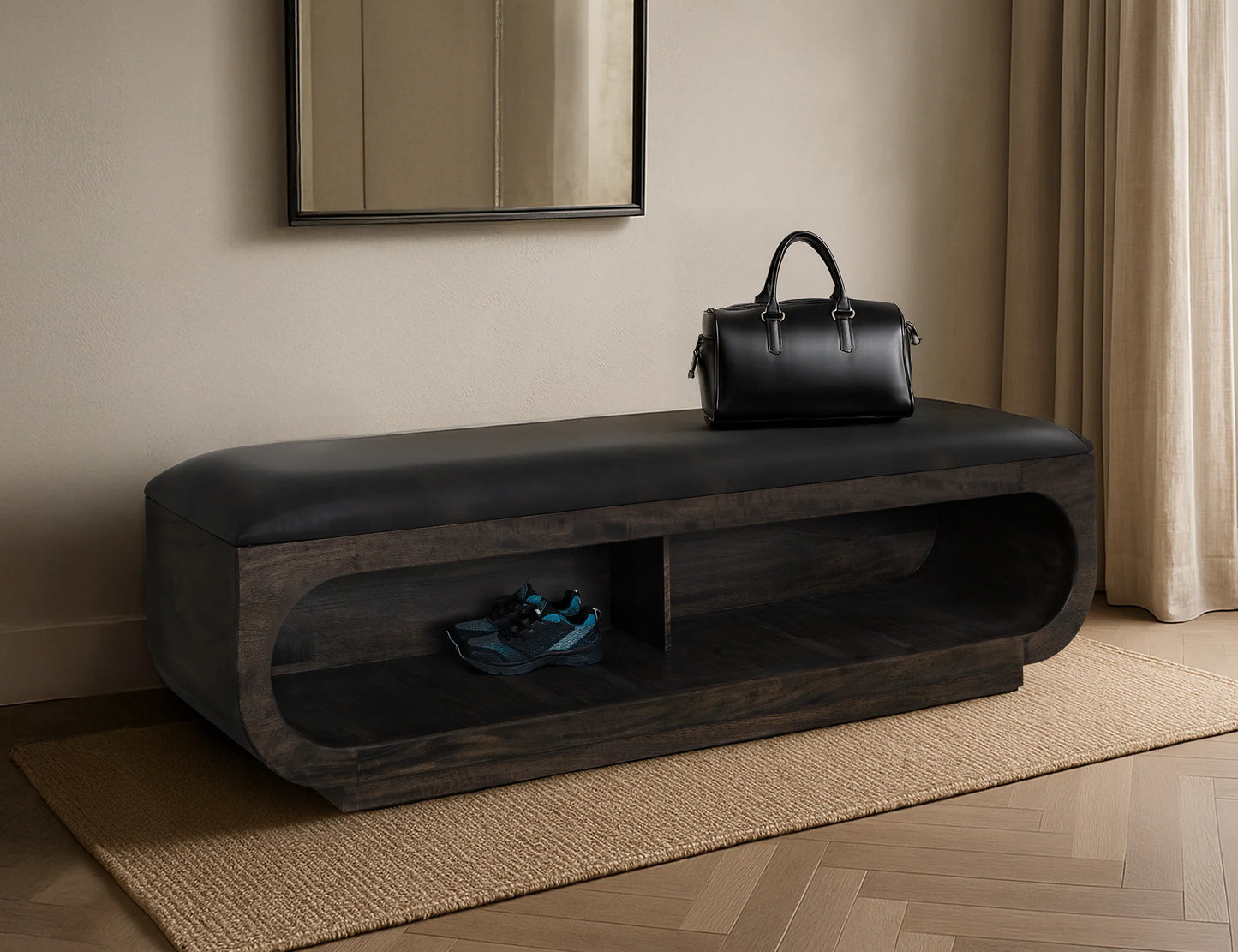 Black Balam - Wooden Bench With Cushioned Seat - Oil Black