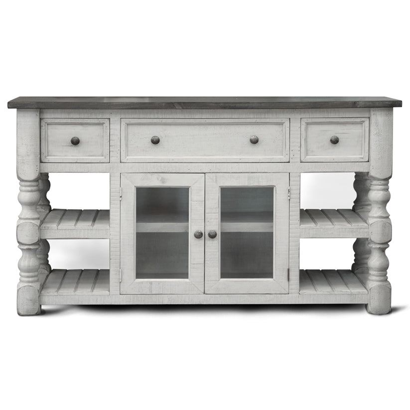 Stone - 60" TV Stand / Console With 3 Drawer And 2 Glass Doors - Antiqued Ivory / Weathered Gray