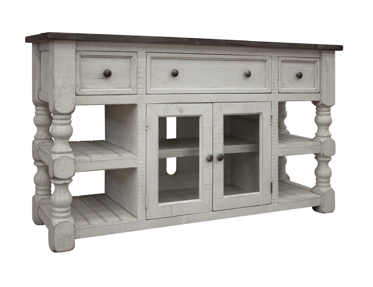 Stone - 60" TV Stand / Console With 3 Drawer And 2 Glass Doors - Antiqued Ivory / Weathered Gray