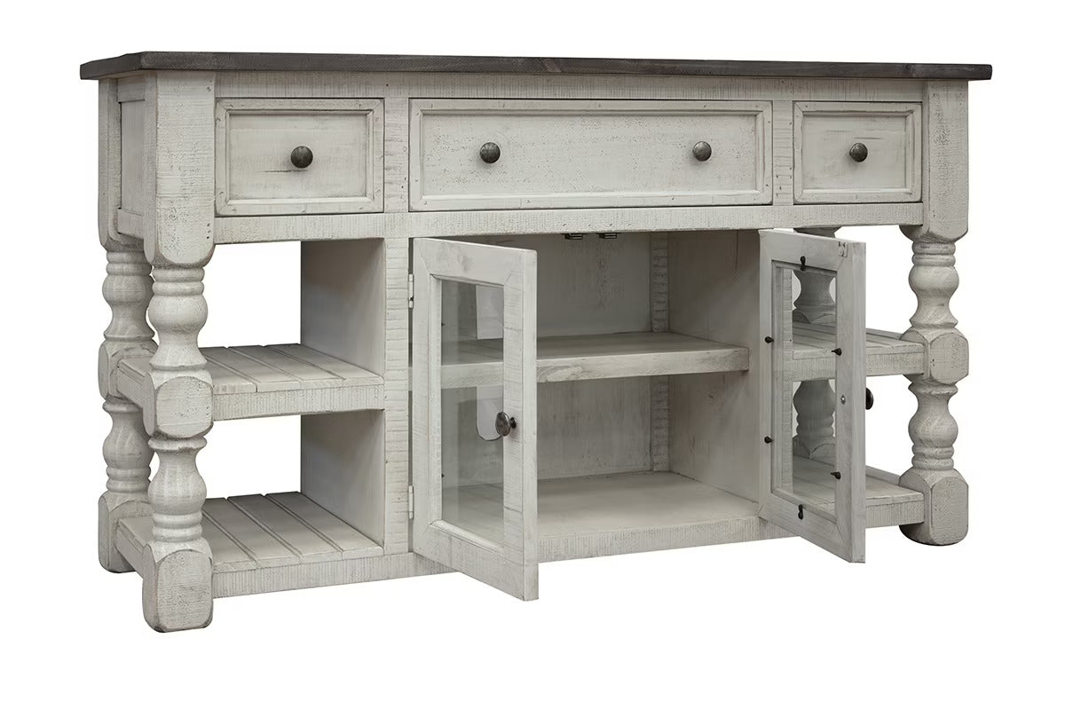 Stone - 60" TV Stand / Console With 3 Drawer And 2 Glass Doors - Antiqued Ivory / Weathered Gray