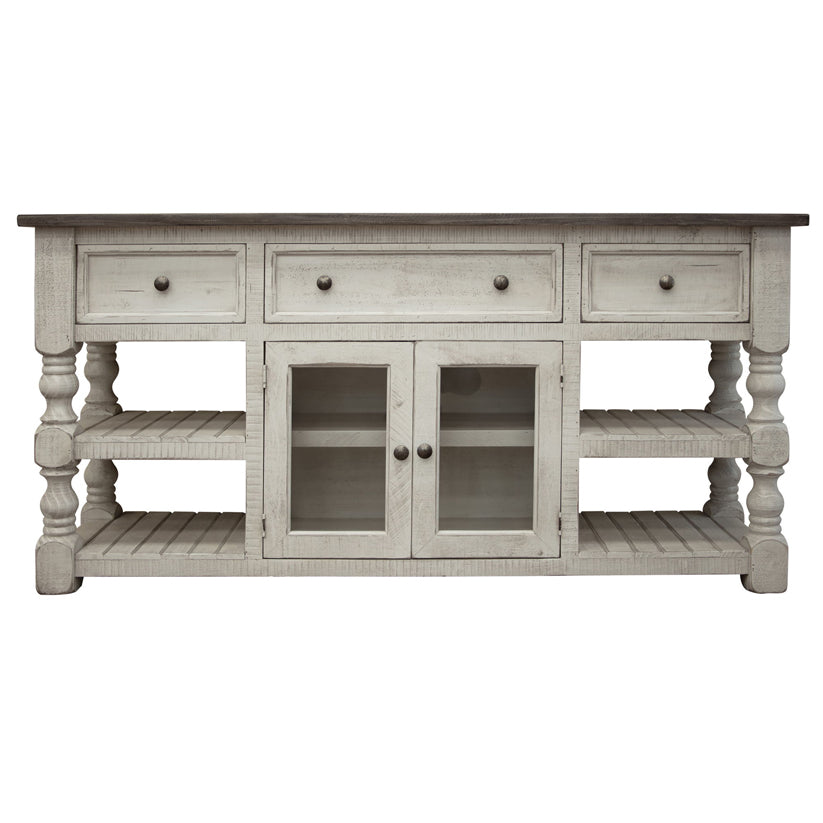 Stone - 70" TV Stand / Console With 3 Drawer And 2 Glass Doors - Antiqued Ivory / Weathered Gray