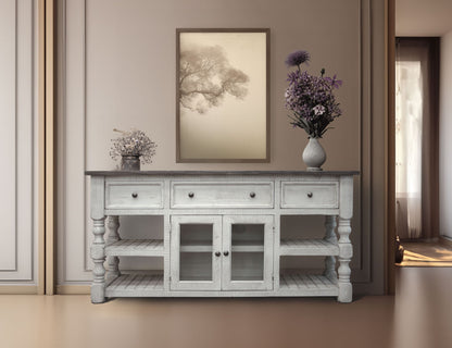 Stone - 70" TV Stand / Console With 3 Drawer And 2 Glass Doors - Antiqued Ivory / Weathered Gray