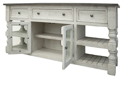 Stone - 70" TV Stand / Console With 3 Drawer And 2 Glass Doors - Antiqued Ivory / Weathered Gray