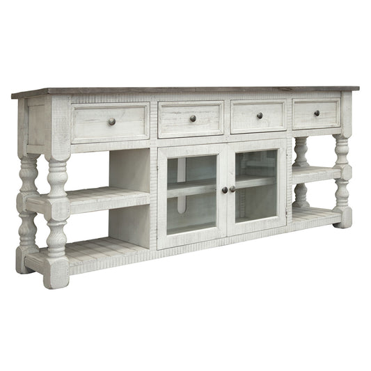 Stone - 80" TV Stand / Console With 4 Drawer And 2 Glass Doors - Antiqued Ivory / Weathered Gray