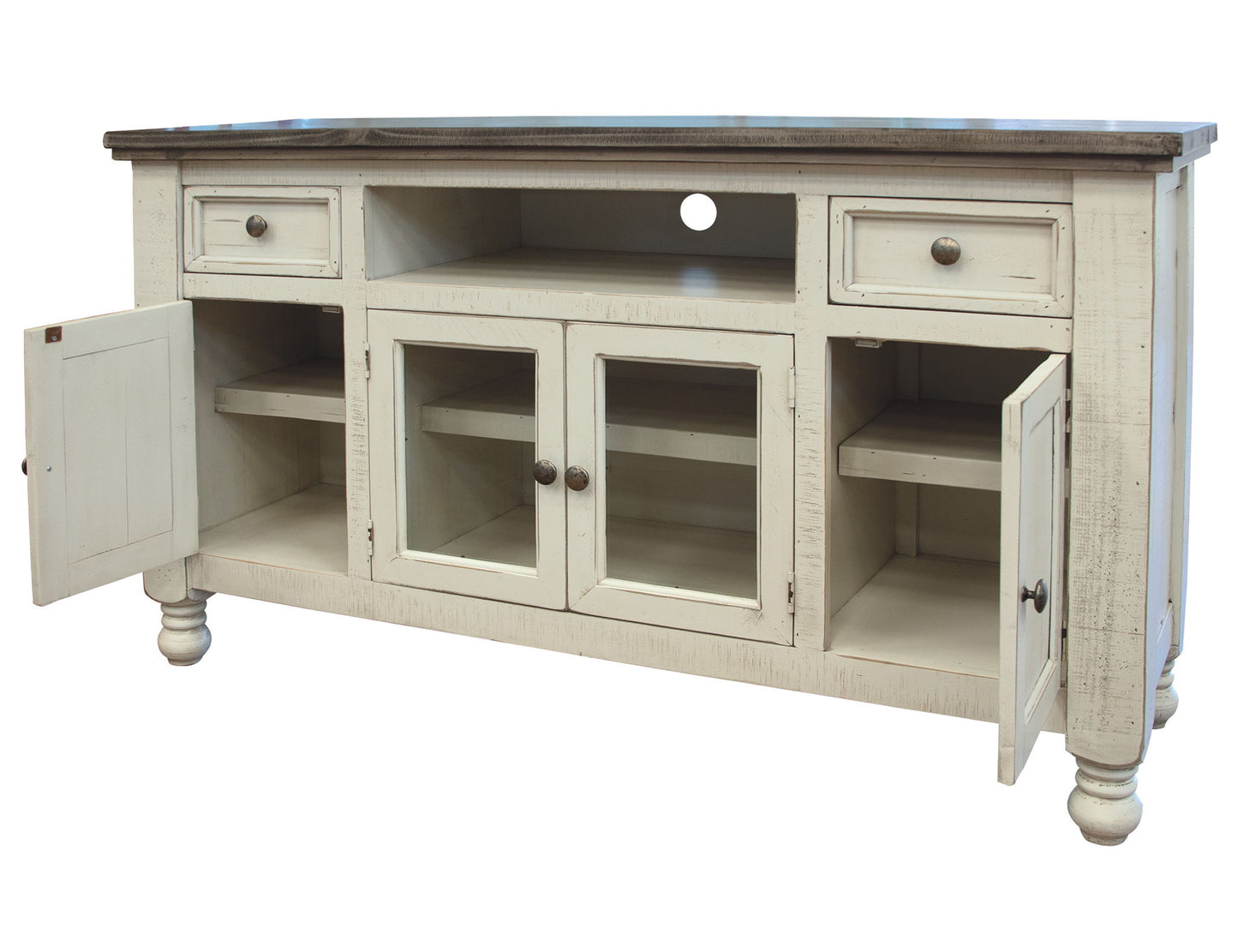 Stone - 60” TV Stand With 2 Drawers / 4 Doors - Antiqued Ivory / Weathered Gray