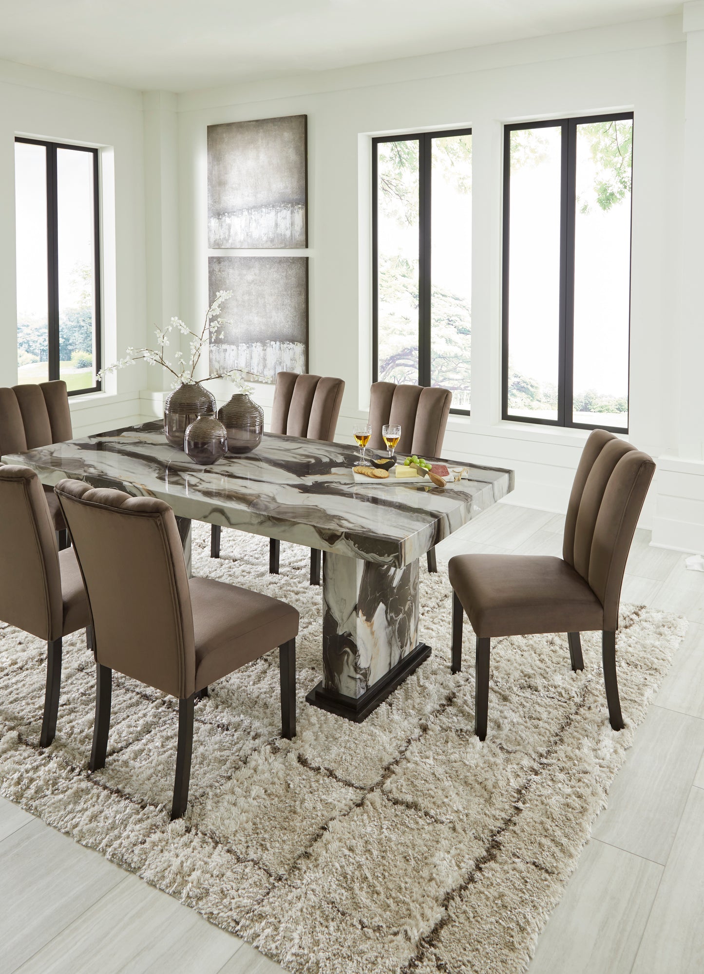 Jeshina - Dark Brown / Beige - Dining Table, 6 Side Chairs