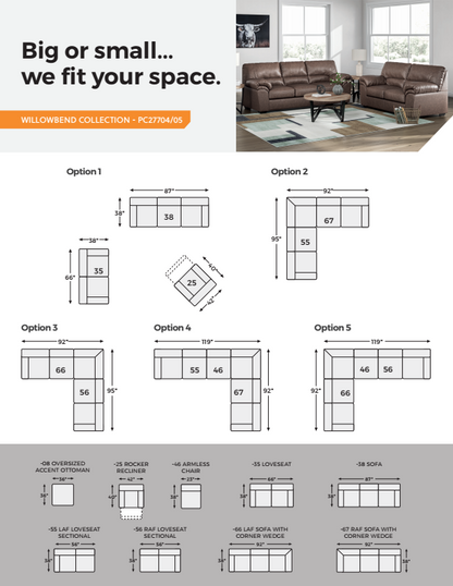 WillowBend - Umber - 2-Piece Sectional With RAF Sofa With Corner Wedge