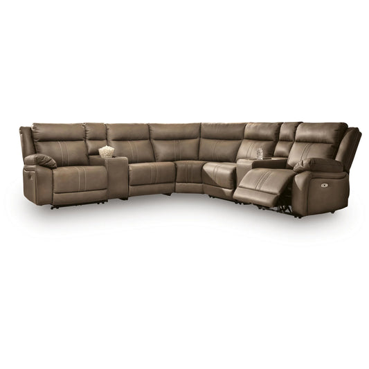 Max-Momentum - 7-Piece Power Reclining Sectional With 2 Audio Consoles - Biscotti