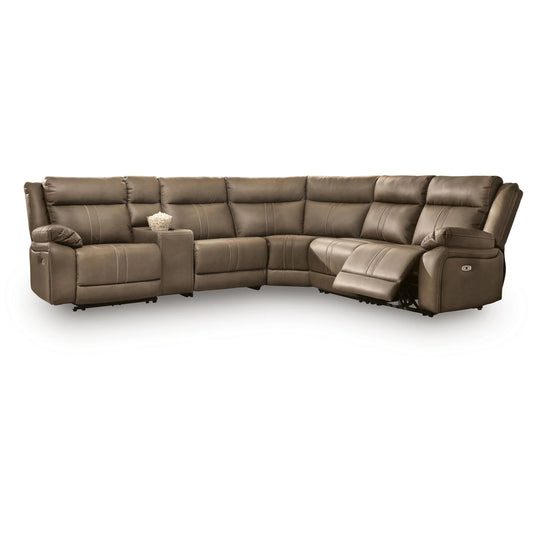 Max-Momentum - 6-Piece Power Reclining Sectional With 2 Armless Chairs And Audio Console - Biscotti