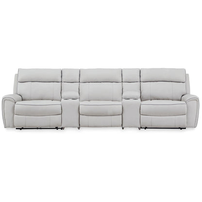 Social Pointe - 5-Piece Power Reclining Sectional With Storage Consoles And Armless Chair - Pearl / Ash