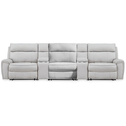 Social Pointe - 5-Piece Power Reclining Sectional With Storage Consoles And Power Armless Recliner - Pearl / Ash
