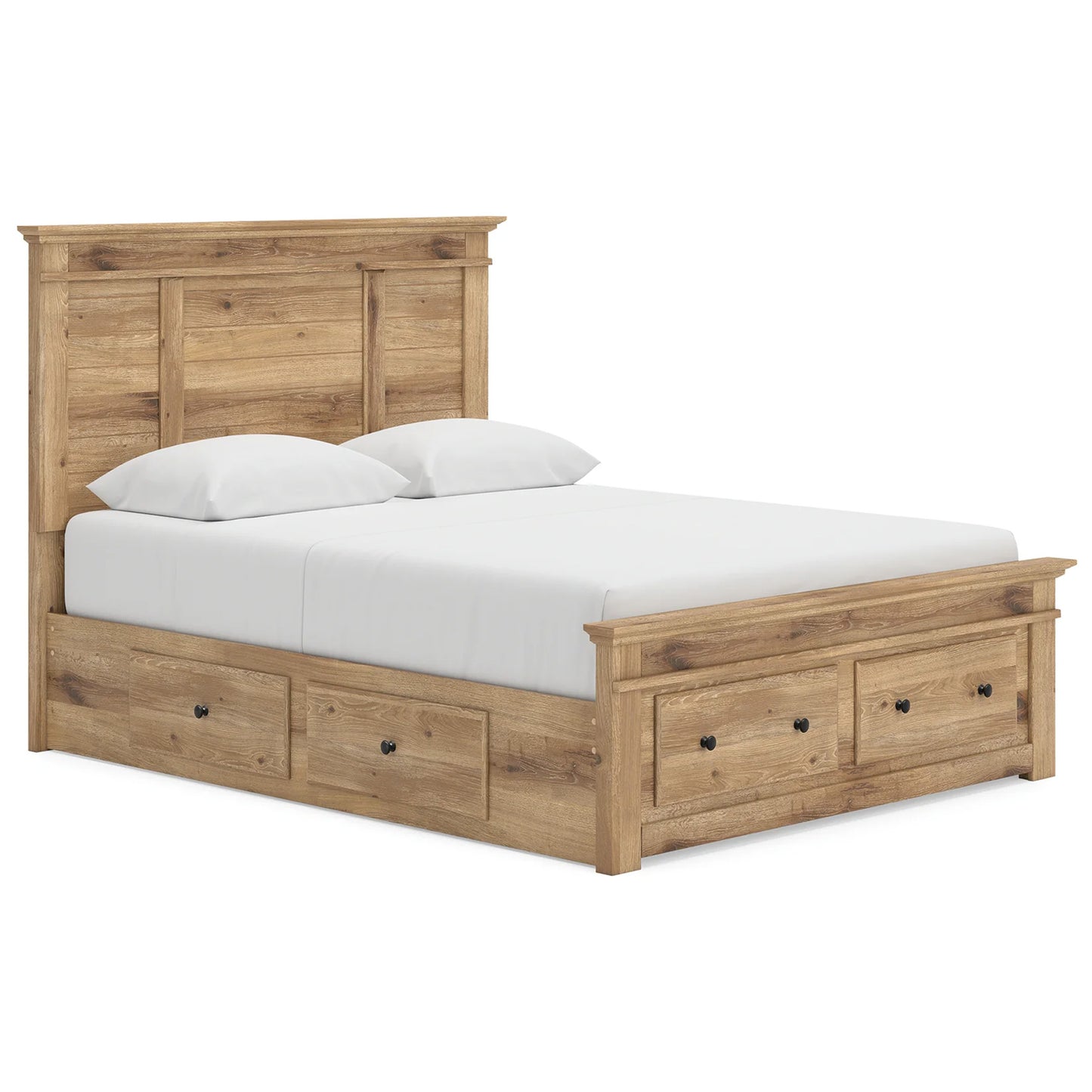 Makidern - Queen Panel Storage Bed With 2 Under Bed Storage Units And Storage Footboard - Tan