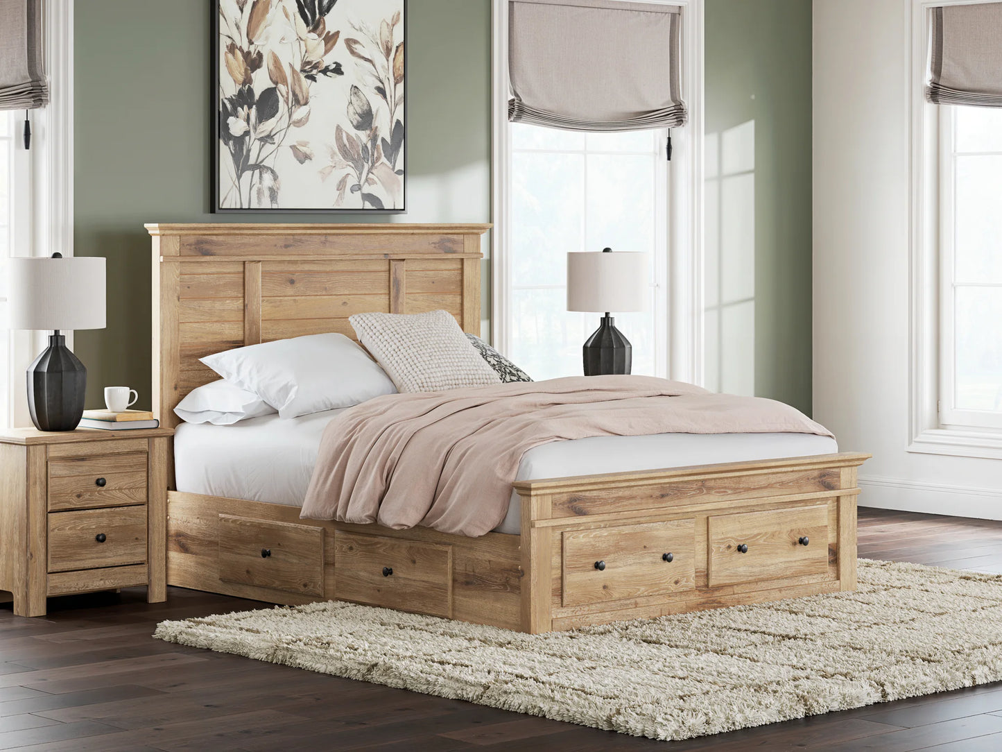 Makidern - Queen Panel Storage Bed With 2 Under Bed Storage Units And Storage Footboard - Tan