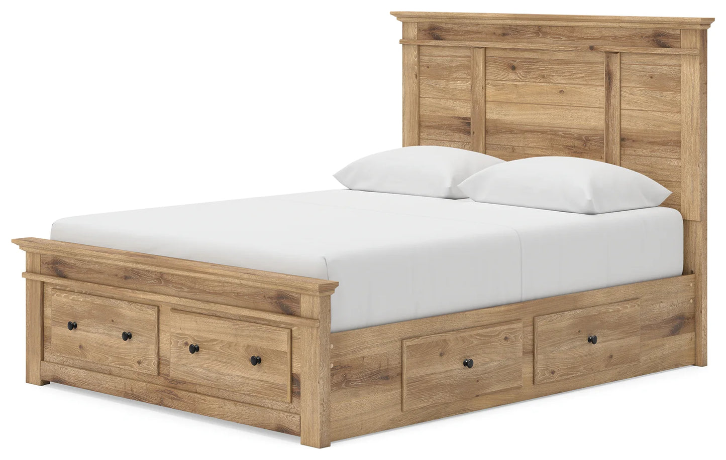 Makidern - Queen Panel Storage Bed With 2 Under Bed Storage Units And Storage Footboard - Tan