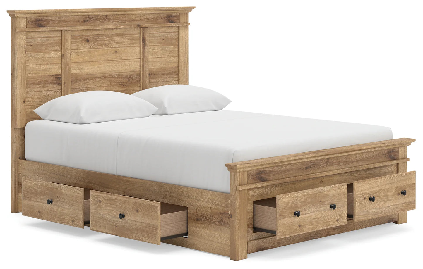 Makidern - Queen Panel Storage Bed With 2 Under Bed Storage Units And Storage Footboard - Tan