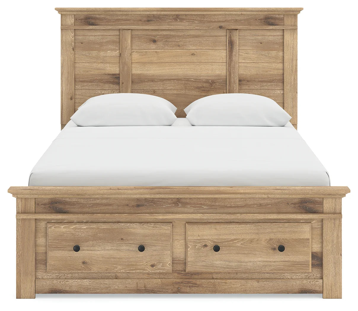 Makidern - Queen Panel Storage Bed With 2 Under Bed Storage Units And Storage Footboard - Tan