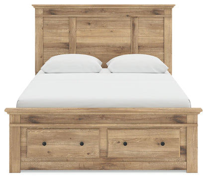 Makidern - Queen Panel Storage Bed With 2 Under Bed Storage Units And Storage Footboard - Tan