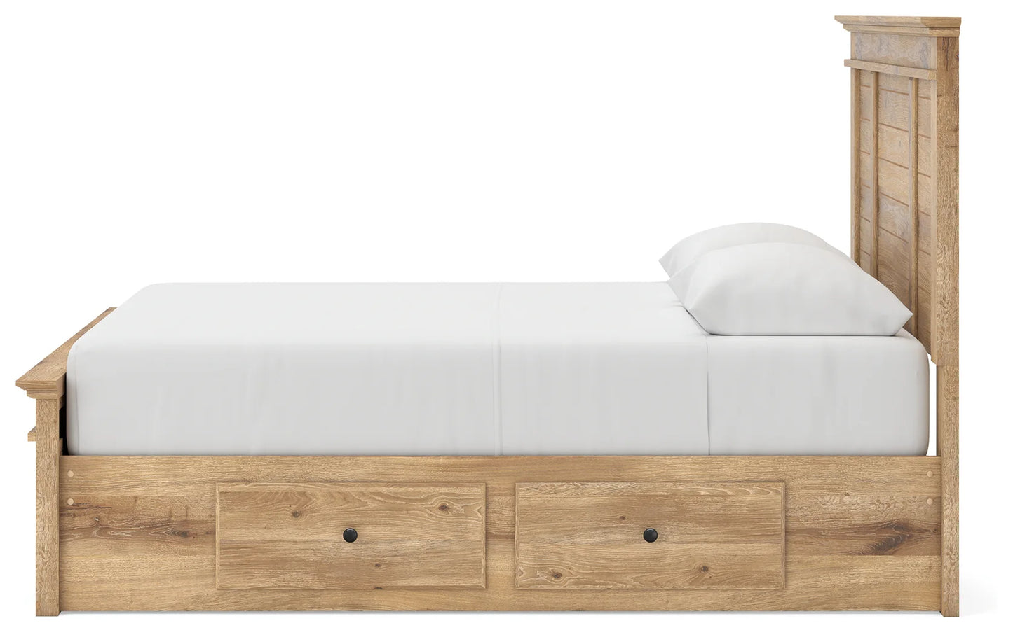 Makidern - Queen Panel Storage Bed With 2 Under Bed Storage Units And Storage Footboard - Tan