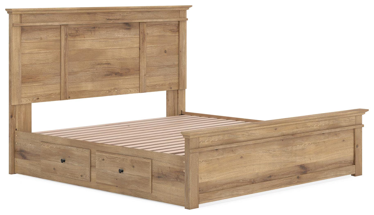 Makidern - King Panel Storage Bed With 2 Under Bed Storage Units - Tan