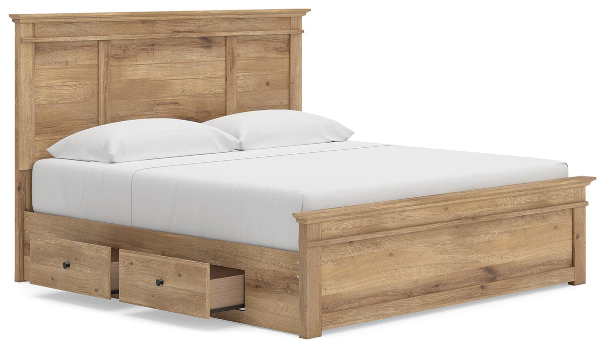 Makidern - King Panel Storage Bed With 2 Under Bed Storage Units - Tan