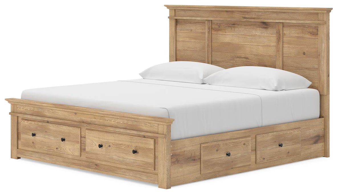Makidern - King Panel Storage Bed With 2 Under Bed Storage Units And Storage Footboard - Tan