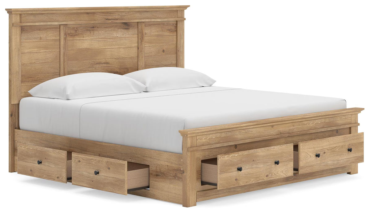Makidern - King Panel Storage Bed With 2 Under Bed Storage Units And Storage Footboard - Tan