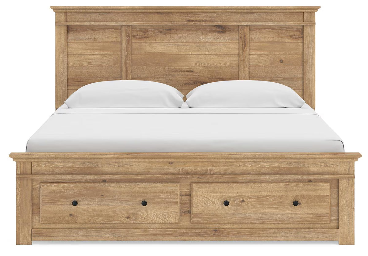 Makidern - King Panel Storage Bed With 2 Under Bed Storage Units And Storage Footboard - Tan