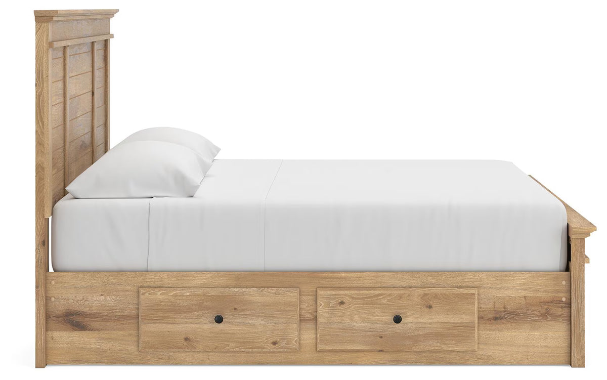 Makidern - King Panel Storage Bed With 2 Under Bed Storage Units And Storage Footboard - Tan