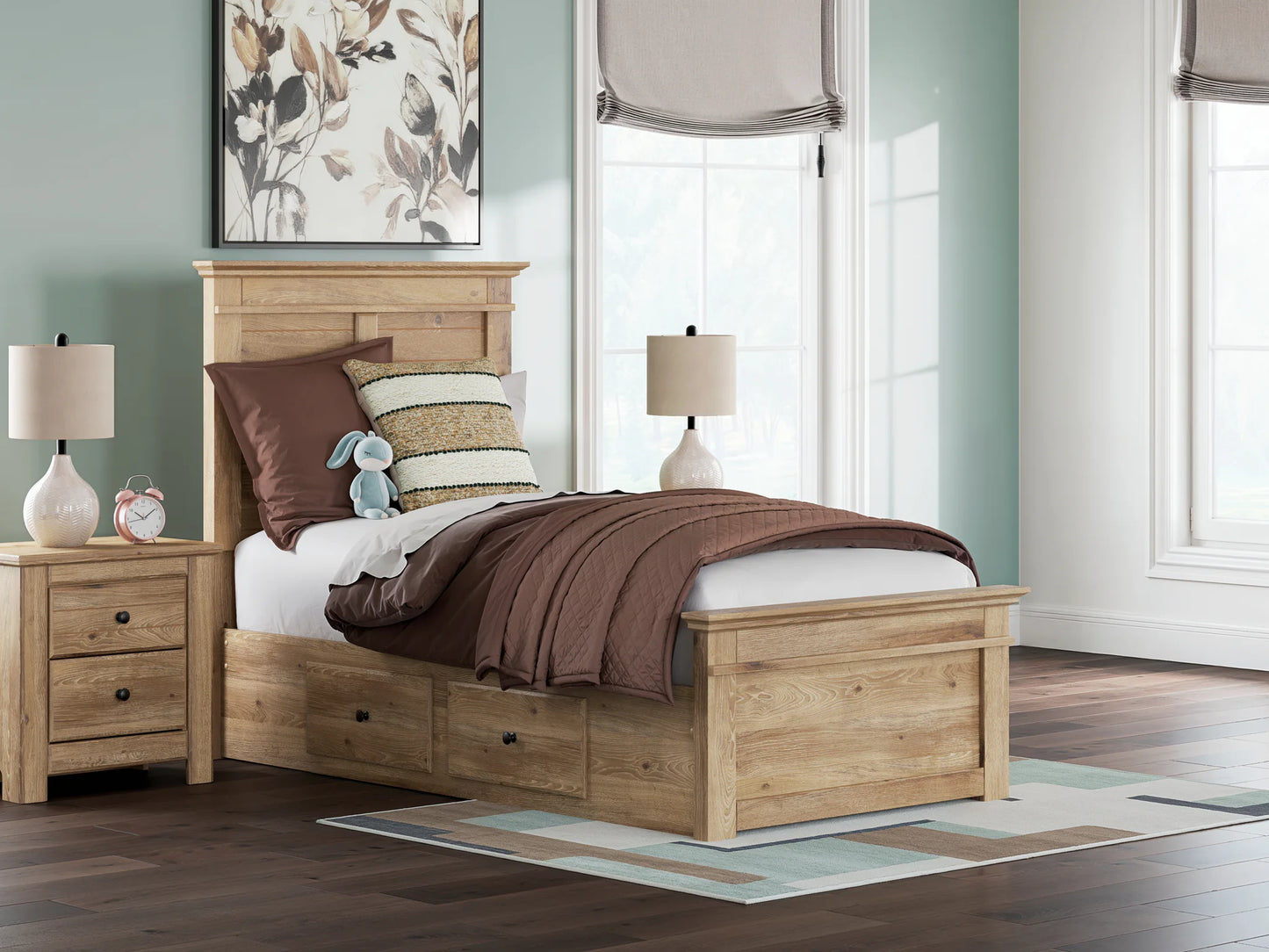 Makidern - Twin Panel Storage Bed With 2 Under Bed Storage Units - Tan