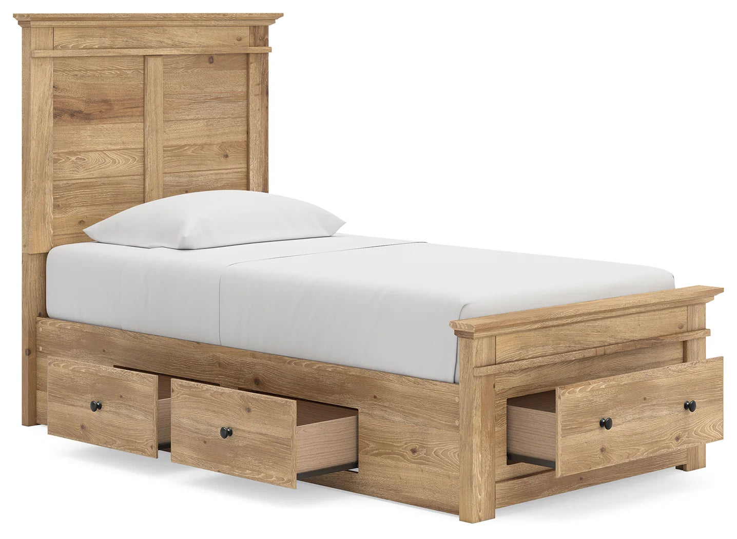 Makidern - Twin Panel Storage Bed With 2 Under Bed Storage Units And Storage Footboard - Tan
