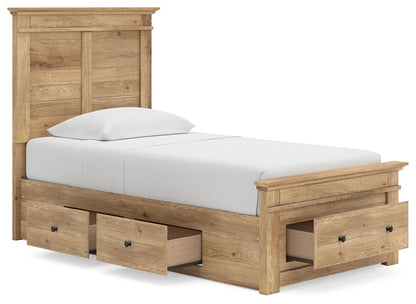 Makidern - Twin Panel Storage Bed With 2 Under Bed Storage Units And Storage Footboard - Tan