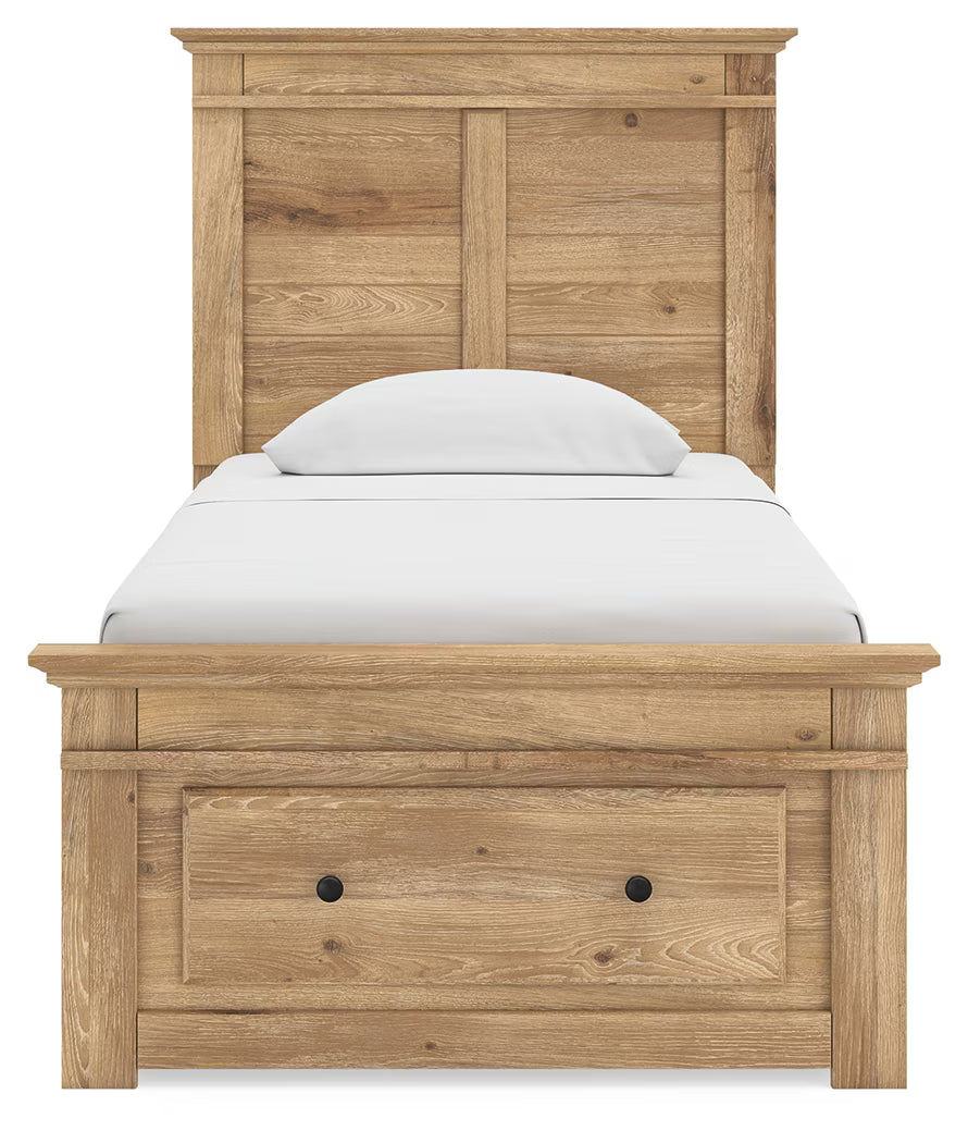 Makidern - Twin Panel Storage Bed With 2 Under Bed Storage Units And Storage Footboard - Tan