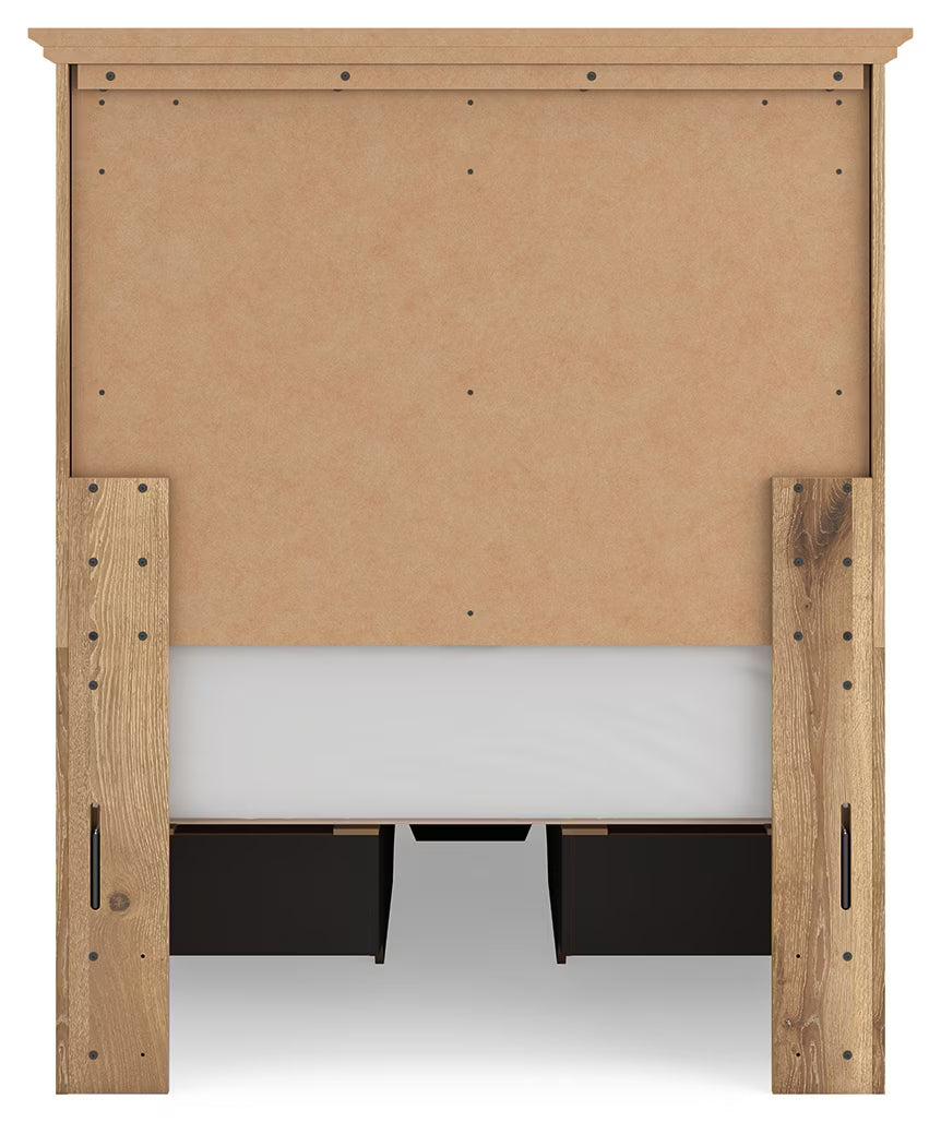 Makidern - Twin Panel Storage Bed With 2 Under Bed Storage Units And Storage Footboard - Tan