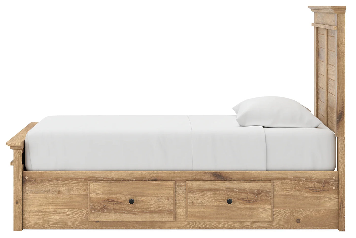 Makidern - Twin Panel Storage Bed With 2 Under Bed Storage Units And Storage Footboard - Tan